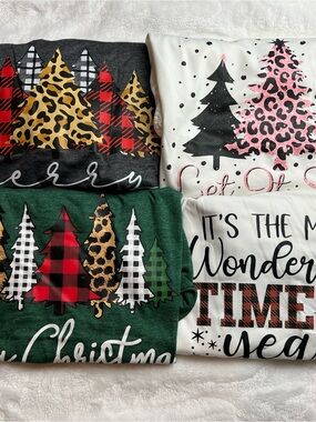 Women Christmas Graphic Tshirt Bundle 4- Plaid, Leopard & Pink Accents